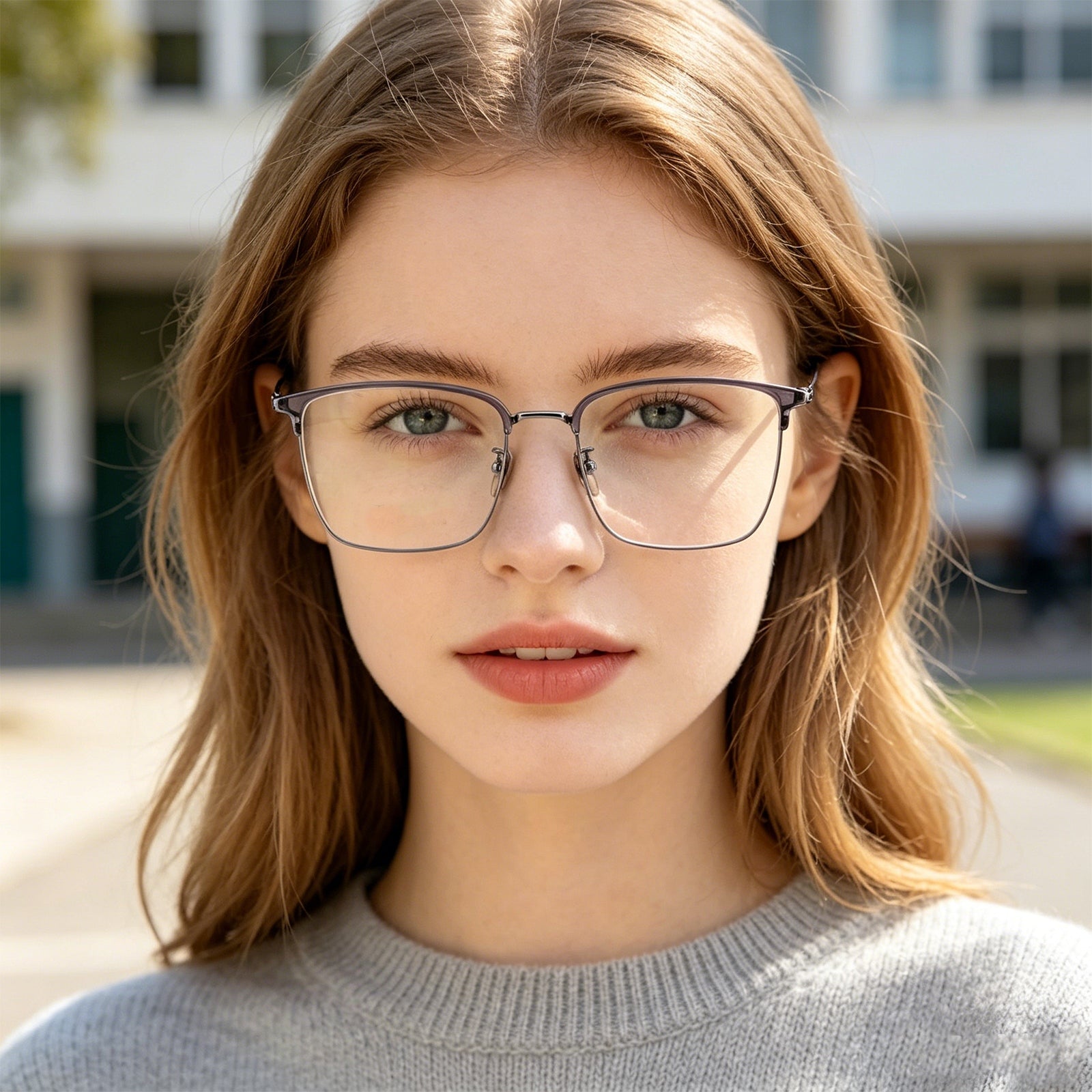 Titanium Browline Eyeglasses, Brown Top Bar