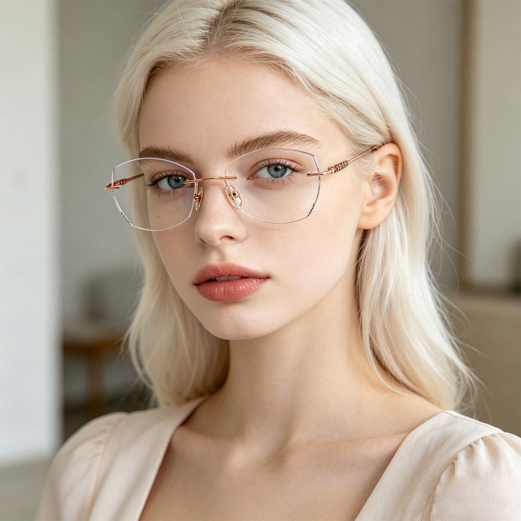 Rose Gold Rimless Eyeglasses with Braided Temple & Rhinestone Detail