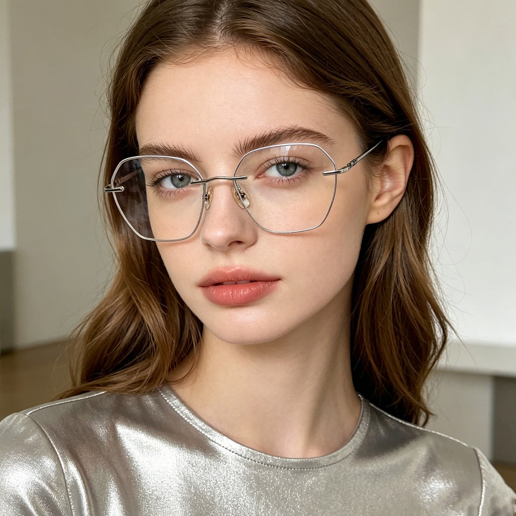Silver Glitter Rimless Octagonal Eyeglasses for Women
