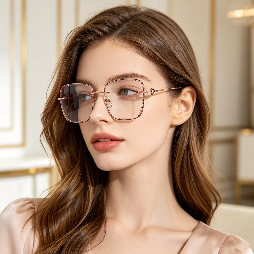 Women’s Floral Inlay Rimless Crystal Optical Glasses