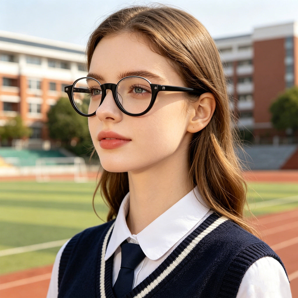 Black Half-Rim Browline Eyeglasses, Retro Round