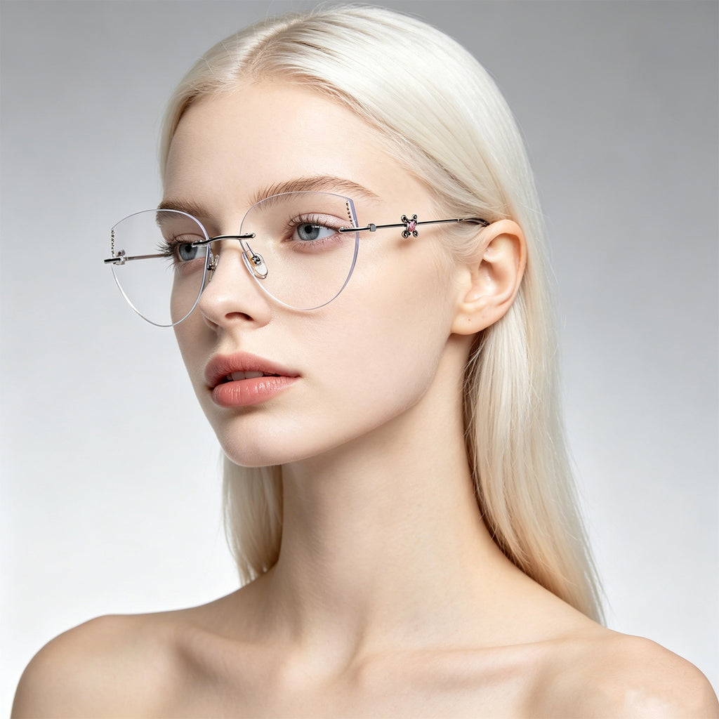 Women’s Luxury Half-Rim Optical Glasses with Unique Temple Ornament