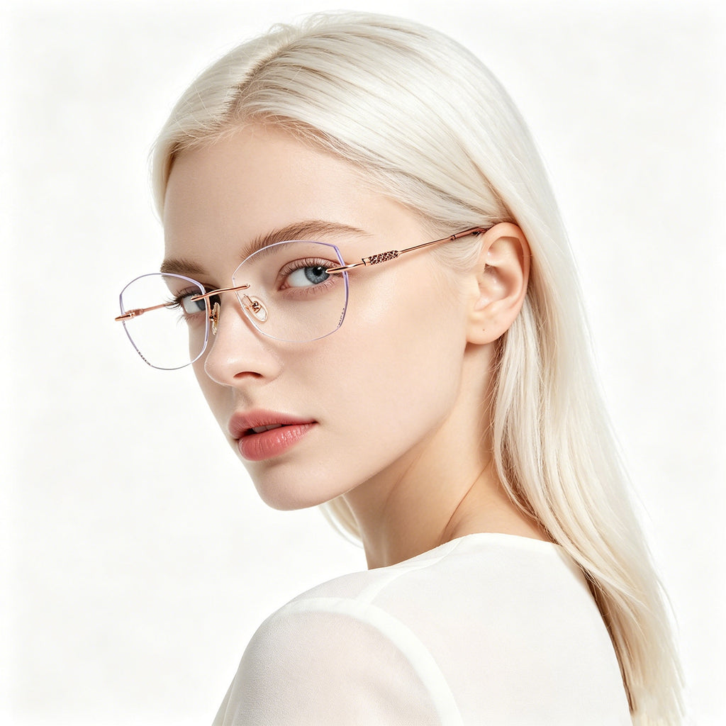 Rose Gold Rimless Eyeglasses with Braided Temple & Rhinestone Detail
