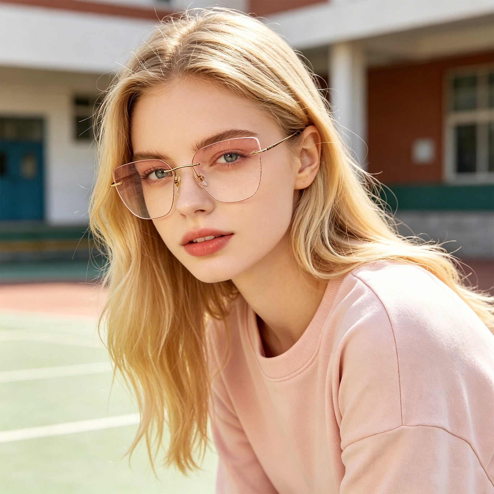 Rimless Gradient Pink Eyeglasses with Gold Frame