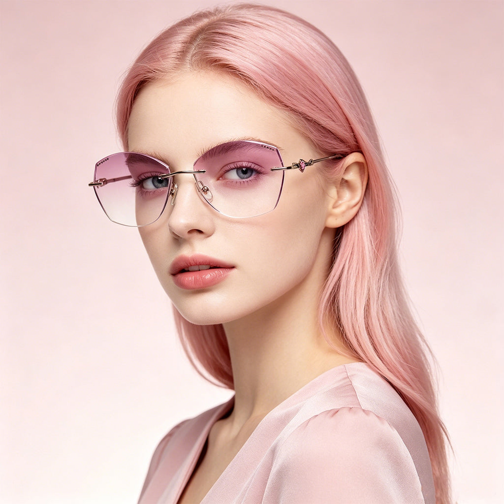Elegant Diamond-Cut Rimless Optical Glasses with Pink Temples