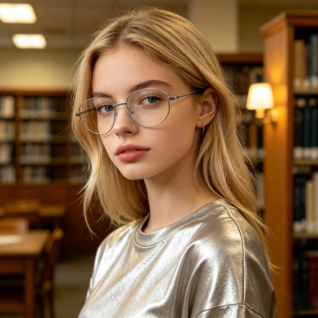 Minimalist Oval Metal Glasses, Purple Temple Details