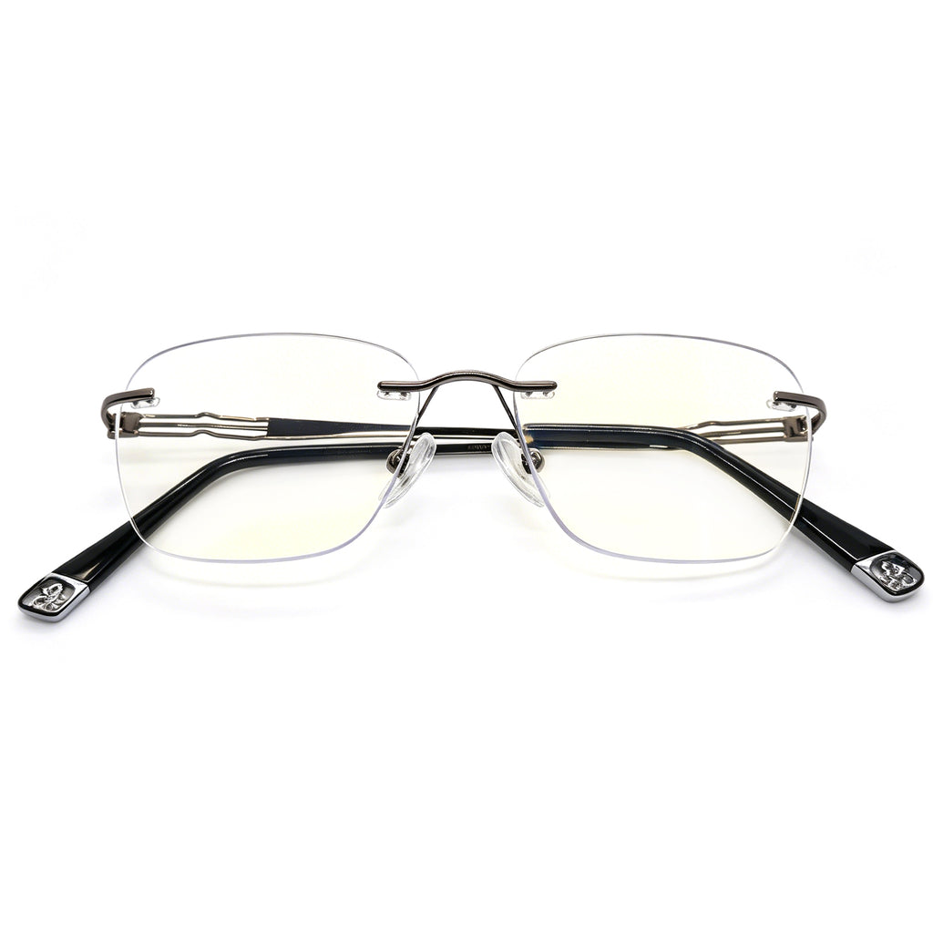 Hollow Temple Rimless Eyeglasses, Gold Metal Frame, Anti Blue Light