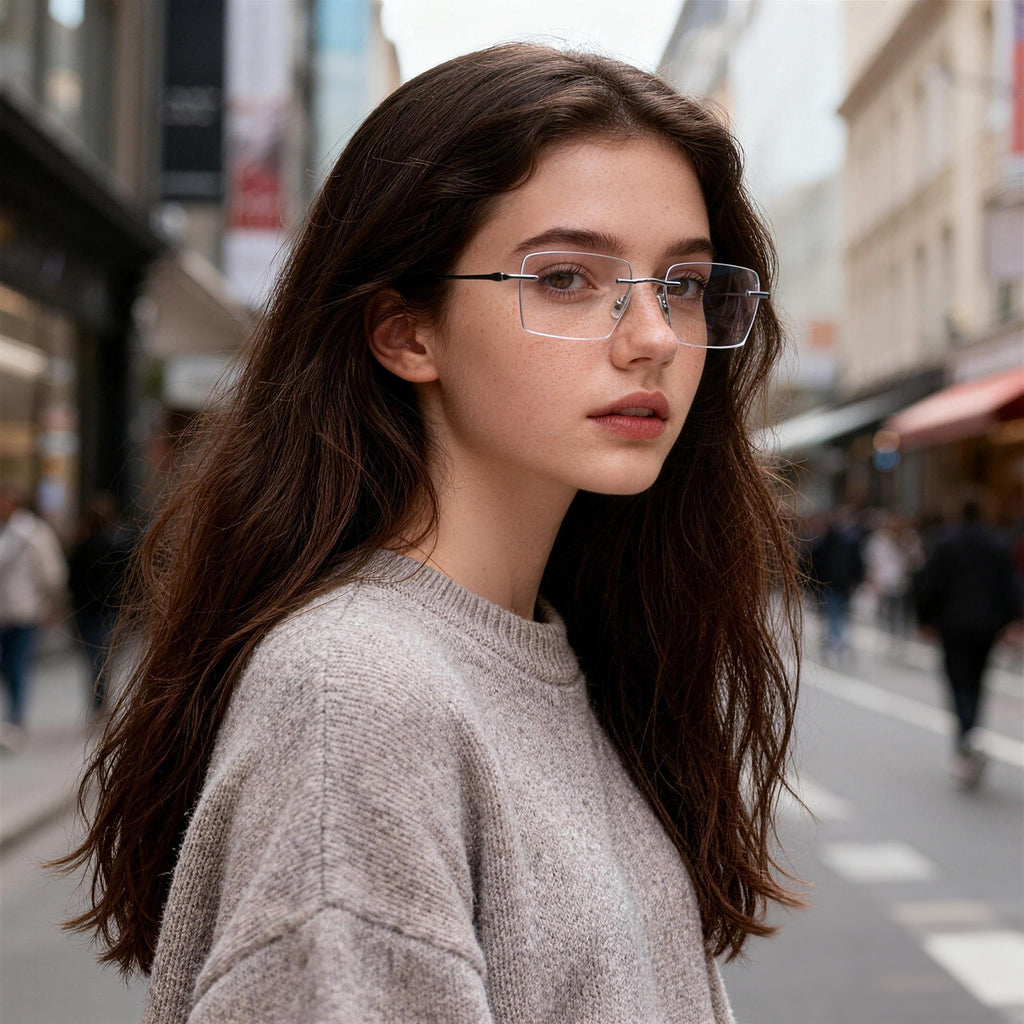 Executive Rimless Square Eyeglasses, Gunmetal Metal for Modern Professionals