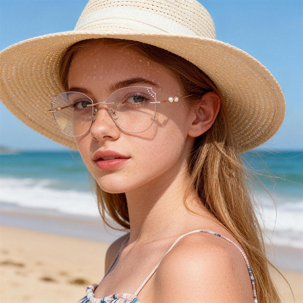 Rose Gold Cat-Eye Eyeglasses with Pearl Accents