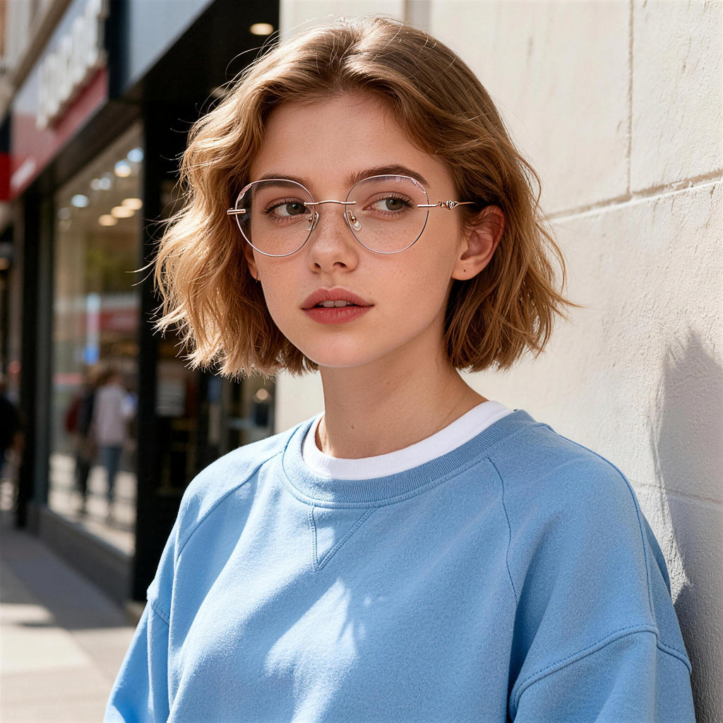 Rose Gold Round Rimless Eyeglasses with Glitter Edges
