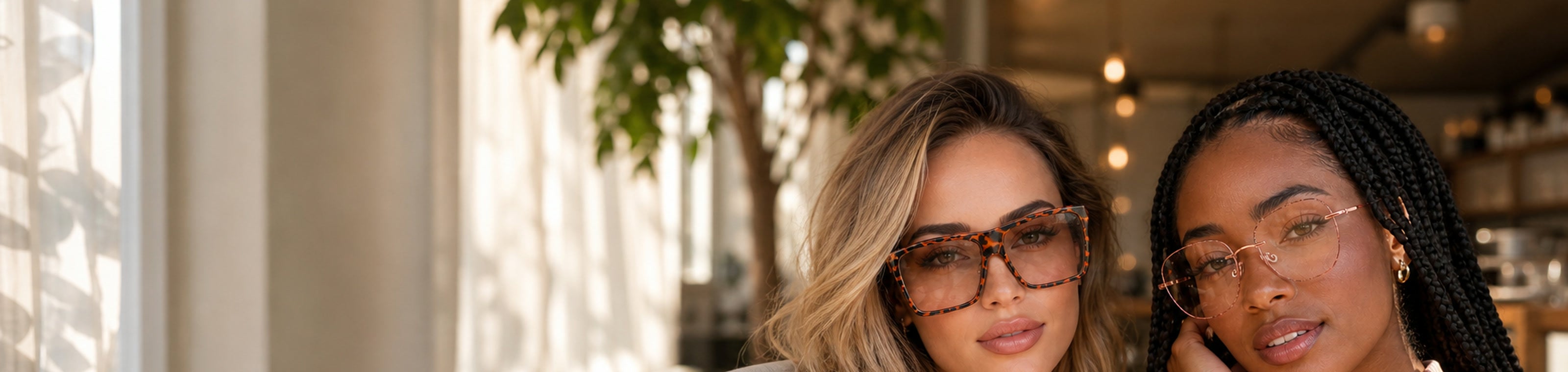Two women wearing tortoise and rose gold eyeglasses at a cafe